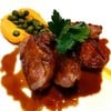 Roasted duck breast, carrot puree, stewed green beans, foie gras sauce