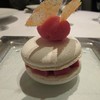 Rhubarb and custard macaron with rhubarb sorbet