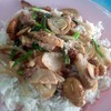 ข้าวราดผัดเห็ดฟางหมูกรอบ เห็ดได้เยอะ หมูกรอบได้น้อยเกิน ข้าวเยอะ