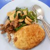 ข้าวกระเพราผักบุ้งหมูสับลูกชิ้น หมูทอดและไข่ดาว
