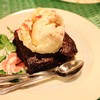 Brownie with strawberry cheesecake ice cream
