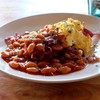Spicy baked bean & grilled bread with scrambled eggs and bacon !!