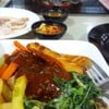 สเต๊กหมู +ไส้กรอก + ผักโขมอบชีส + ผัก