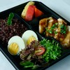 Roasted pork/chicken black pepper served with boiled egg, salad and seasonal fruit and 1 bottle of orange juice Roasted pork/chicken black pepper served with boiled egg, salad and seasonal fruit and 1 bottle of orange juice