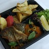 Pan fried seabass with tomato sauce and roasted potato served with salad, seasonal fruit and 1 bottle of orange juice Pan fried seabass with tomato sauce and roasted potato served with salad, seasonal fruit and 1 bottle of orange juice