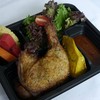 Roasted and fried chicken hip with pumpkin thyme served with salad, seasonal fruit and 1 bottle of orange juice Roasted and fried chicken hip with pumpkin thyme served with salad, seasonal fruit and 1 bottle of orange juice
