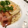 Spaghetti Carbonara with soft-boiled egg and grilled bacon Spaghetti Carbonara with soft-boiled egg and grilled bacon