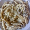Homemade pasta with creamy Italian sausage and blue cheese sauce