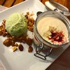 Strawberry tiramisu with pistachio ice cream