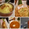 yellow rice, butter chicken, samosa, garlic naan 