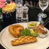 Grilled Salmon, Yorkshire Pudding, Baked Potato & Dill Sauce