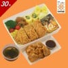 ปลาซาบะซอสเทริยากิและหมูชุปเกล็ดขนมปังทอด + ไก่ทอดคาราเกะ (5ชิ้น) + ซุปวากาเมะ ล