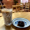 Iced latte with chocolate tart