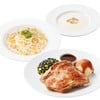 สเต๊กไก่ ซอสแจ่ว ผักโขม + สปาเก็ตตี้แฮมและข้าวโพดครีมซอส + ซุปเห็ด