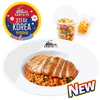 ข้าวญี่ปุ่นผัดซอสโคชูจังสเต๊กหมูสันนอก + ส้มตำข้าวโพด เชค