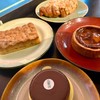 chocolate tart , apple crumble, vanilla flan, almond croissant 
