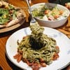 Pesto Fettuccine with bacon, clam and tobiko