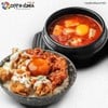 ข้าวหน้าไก่ทอดทูโทนไข่ดอง + ซุปกิมจิเต้าหู้