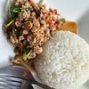 The stir-fried minced pork with basil has a flavor reminiscent of the traditiona