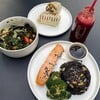 "Atlantic Salmon Teriyaki Buffalo Wrap (S)  BYO Salad Bowl (S)  Beet Heart"