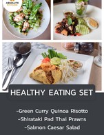 โปรโมชั่น HEALTHY EATING SET ลด 127 บาท เมื่อสั่งเมนู Green Curry Quinoa Risotto with Salmon, Salmon Caesar Salad, Shirataki Noodles Pad Thai with Prawns