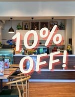 โปรโมชั่น Discount 10% ลด 10 % เมื่อสั่งเมนูในหมวด Pasta, Iced, Soup, Smoothie Bowl, Frappe, Ice Cream, Snack&Starter, Soft Drink, Bakery, Pastry Gluten Free, Pastry, Hot, Main Course, Etc, Salad