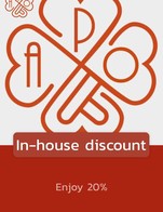โปรโมชั่น In-house discount ลด 20 % เมื่อสั่งเมนูในหมวด Non-coffee, Rice, Smoothie, Muffins, Meatballs, Pasta, Can and bottle, Croissants, Italian Soda, Waffle, Cake, Cookies, Coffee, Milkshake, Toast