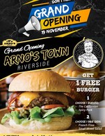 Grand OpeningArno's Town

At Arno’s, we are pleased to announcethe launch on November 19, of our new venturecalled Arno's TownRegrouping all our landmark brands in one place.Arno's Steak, Arno's Burger,ArnoThai, Arno's Seafood, Arno's Pizza,Arno's Bread, and Bakery

Let's celebrate togetherWe are giving away 1 Free BurgerFor 100 Burgers per Day for 5 Days!
Choose 1 Burger: The Californian / Spicy Pork
Choose 1 Side dish: French Fries / Mixed Salad

Start from Thursday 19th November 2020Until Monday 23rd November 2020During our operation time 11.00-23.00 hrs.
at Arno's Town - Riverside, Phra Athit Road
Location: https://goo.gl/maps/Xjy8bZwA3KwYhoMU7Tel: 02 108 0023-4
*** Free burger is no available to take away

We still have many more menu available
Please ask our staff 

#Arnos #ArnosGroup #ArnosTown #ArnosButcherandEatery
#Restaurant #FreeBurger #BestSteak #DryAgedBeef #Steak #Burger
#ร้านอาโนส์ #ดรายเอจ #อาโนส์ 
