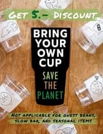 โปรโมชั่น BYOC ลด 5 บาท เมื่อสั่งเมนู Seijaku To-go, Hot Cocoa, Espresso Lime Soda (Iced), Bottle Americano, Hot Piak-poon Latte, Hot Americano, Cha Yen (Iced Thai Milk Tea), Yuzu Soda, Hot Cappuccino, Hot Hojicha Latte, Bottle Matcha Latte, Bottle Black Citron, Lychee Raspberry Soda, Iced Hojicha Latte, Iced Matcha (without milk), Es-yen, Hot Matcha (without milk), Caramel Macchiato, Iced Americano, Iced Cocoa, Iced Caffe Latte, Iced Caffe Mocha, Hot Caffe Latte, Iced Hojicha (without milk), Bottle Cha Yen (Thai Milk Tea), Iced Matcha Latte, Hot Milk, Bottle Hojicha (without milk), Bottle Caffe Mocha, Lemon Plum Soda, Bottle Seijaku To-go, Hot Matcha Latte, Bottle Espresso Lime Soda, Bottle Caffe Latte, Bottle Sparkling Raspberry Americano Soda, Bottle Piak-poon Latte, Hot Hojicha (without milk), Bottle Hojicha Latte, Bottle Cocoa, Sparkling Raspberry Americano (Iced), Hot Mocha, Cha Manow (Iced Thai Lime Tea), Espresso, Iced Cappuccino, Iced Piak-poon Latte, Cha Dum Yen (Iced Thai Black Tea), Piccolo Latte, Bottle Cha Manow (Thai Lime Tea), Black Citron, Bottle Es-yen, Bottle Matcha (without Milk), Bottle Cha Dum Yen (Thai Black Tea), Espresso on Ice