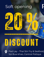 โปรโมชั่น 20%Dish ลด 20 % เมื่อสั่งเมนู Pad Ka Prao Jumbo Crab Meat , Fried Garlic - Mantis Shrimp , Fried Garlic - NZ Green  Shell Mussels , Fried Garlic -  Squid, Pad Ka Prao - Thai Scallop, Fried Garlic - Tiger Prawn, Baked with Mozzarella Cheese, Seafood Salty Deluxe Garlic & Chili, Fried Garlic - Jumbo Crab Meat , Fried Garlic - Pork, Cheesy On The Ocean, Pad Ka Prao  - Squid, Jumbo Crab Condo Omelets, Pad Ka Prao - Mantis Shrimp, Fried Garlic - Giant River Prawn, Fried Garlic - Pacific Shrimp, Stir Fried - Chili & Salt (Select Seafood Below), Cheesy Grilled NZ Greenshell Mussels , Pad Ka Prao - Pacific Shrimp, Pad Ka Prao  - NZ Greenshell Mussels, River Prawns in Tamarind Glaze, Cheesy Grilled Thai Scallops, Pad Ka Prao - Pork , Pad Ka Prao - Giant River Prawn, River Prawns with Salty & Spicy , Pad Ka Prao - Tiger Prawn, Fried Garlic - Chicken, Fried Garlic - NZ  Green Shell Mussels, Pad Ka Prao - Chicken , Stir Fry New Zealand Mussels With Garlic & Butter