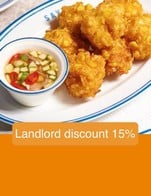 โปรโมชั่น Landlord discount 15% ลด 15 % เมื่อสั่งเมนูในหมวด Extra, Appetizers, Meat and Seafood (To Share), Curry & Tom Yum, Rice Dishes, อาหารเจ, Salad & Vegetables, Vegeterian, Noodle & Pasta, Desserts