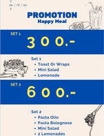 โปรโมชั่น Happy Meal 600.- ลด 47 บาท เมื่อสั่งเมนู Mini Mixed Salad , Bolognese (Beef), Aglio Olio (Seafood), Lemon Sparkling