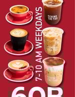 โปรโมชั่น New Early Bird ลดเหลือ 60 บาท เมื่อสั่งเมนู Cappuccino (hot), Latte (iced), Cappuccino (iced), Americano (hot), Latte (hot), Americano (iced)