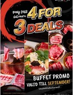 โปรโมชั่น 4 FOR 3 DEALS 499.- ลด 499 บาท เมื่อสั่งเมนูในหมวด Seafood , Noodles , Other , Pork Chicken, Ball Tofu, Vegetables , Sushi, Beef., Pork Chicken Lamb, Cooked foods , Deserts , Dessert, Cooked Foods , Soup, Sushi   Sasimi, Balls, Soft Drinks , Seafood , Soup Shabu, Vegetables , Beef, Ramen, Europe Food จำนวน 1 ที่