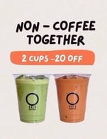 โปรโมชั่น non coffee together set ลด 9 บาท เมื่อสั่งเมนู Milk Salted caramel, Peach Sora Fizz, Thai-Thai Milk Tea, Uji-Matcha Milk, Chocolate Blend 73%, Yuzu Pine Fizz, Cocoa, Uji -Matcha Clear