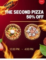 โปรโมชั่น The second pizza 50% off ลด 50 % เมื่อสั่งเมนูในหมวด PIZZA จำนวน 1 ที่