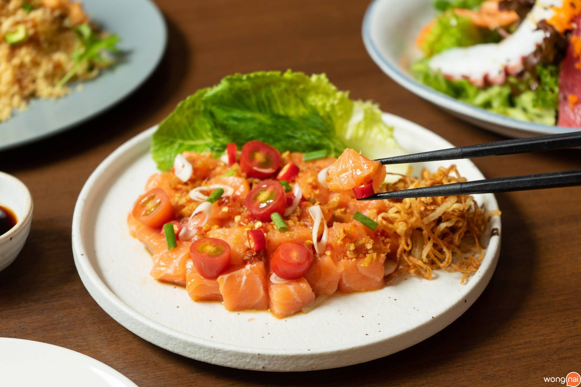 Spicy Salmon Sashimi On The Table
