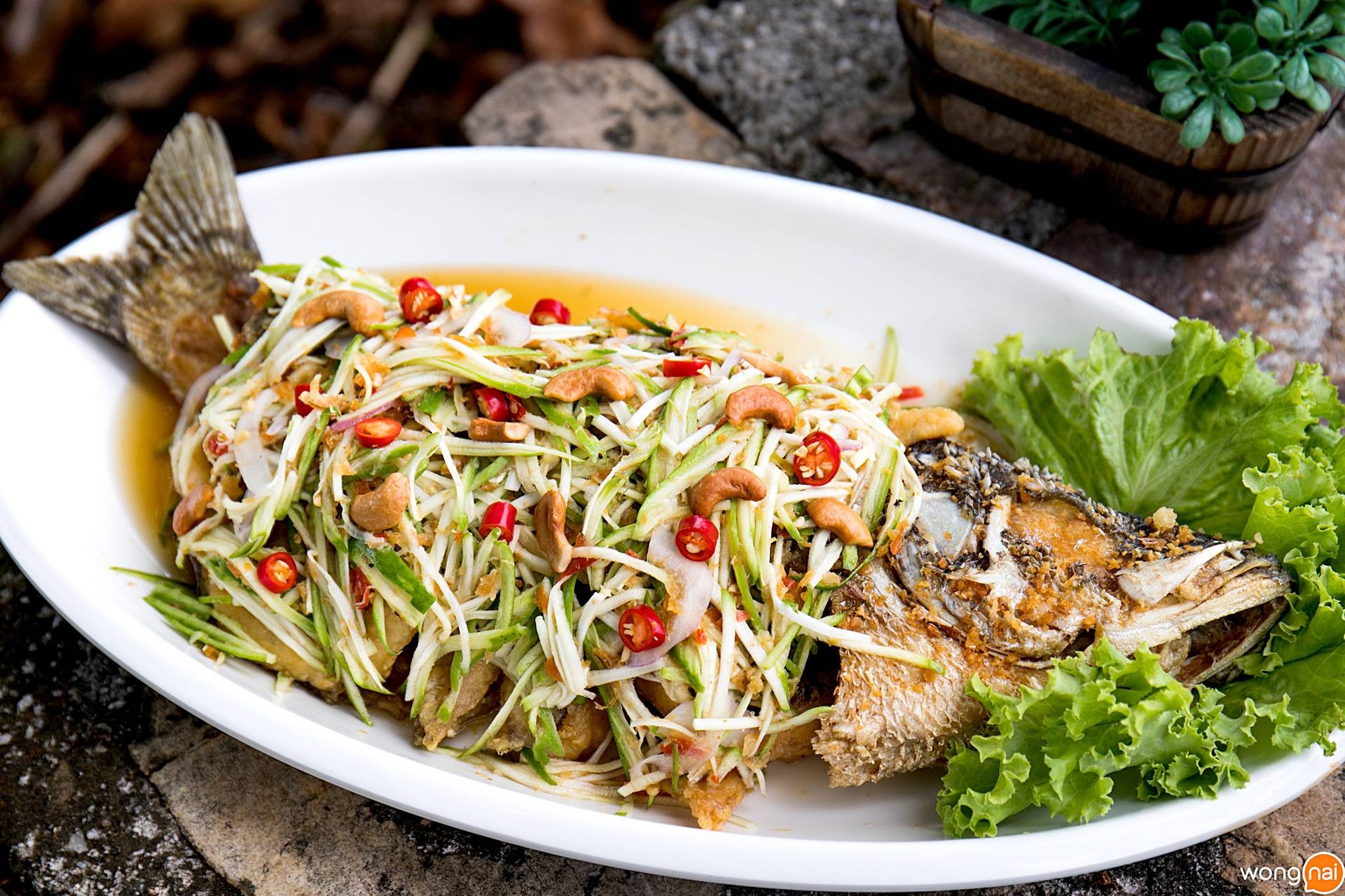 ปลากะพงทอดยำมะม่วง ร้านน้ำเคียงดิน เกาะยอ สงขลา