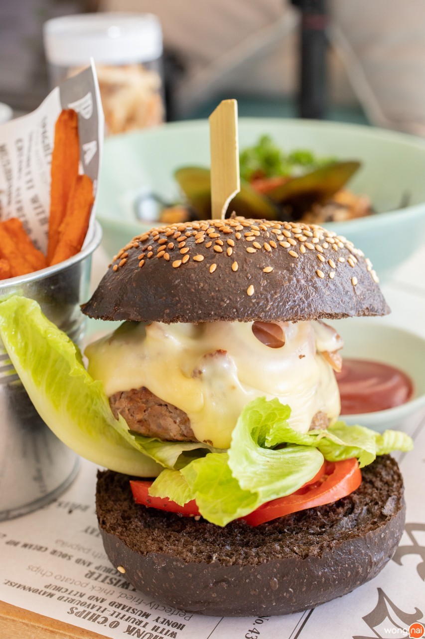 Black bun cheese burger with sweet potato fries