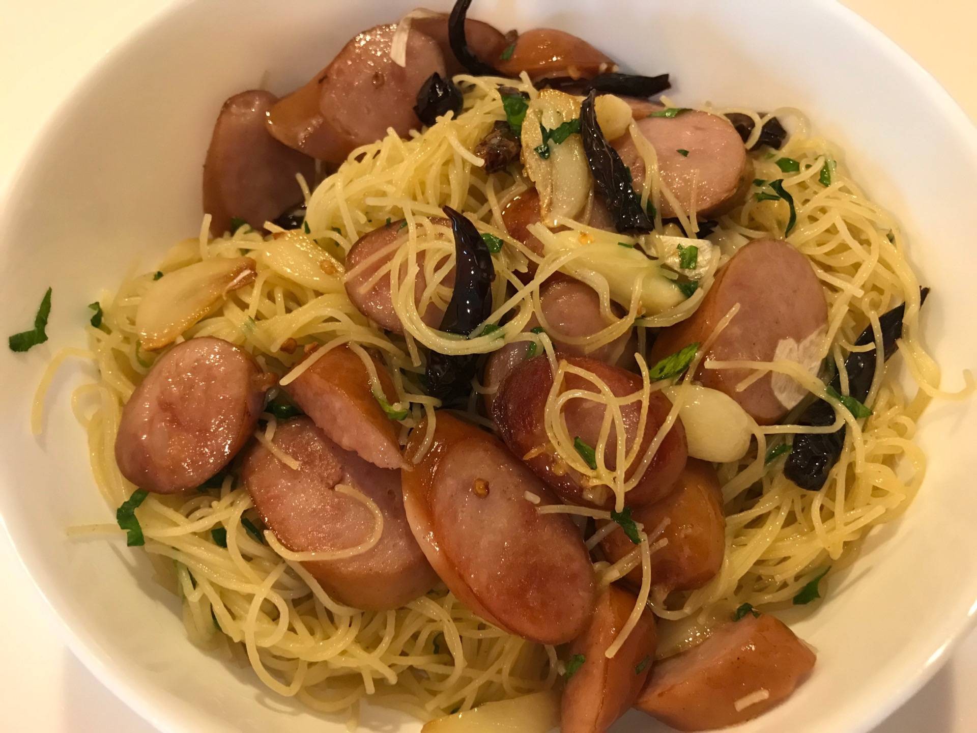Angel Hair with dried chilies, garlic, and sausage
