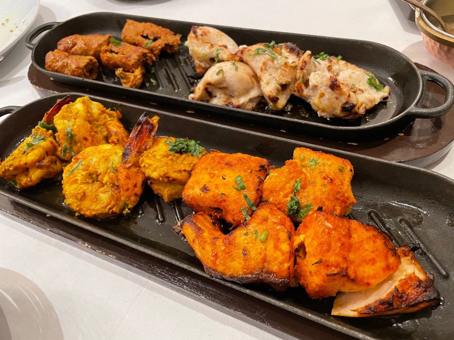Salmon Tikka, Tandoori Jheengha, Murgh Malai Kebab, Gilafi Seekh Kebab