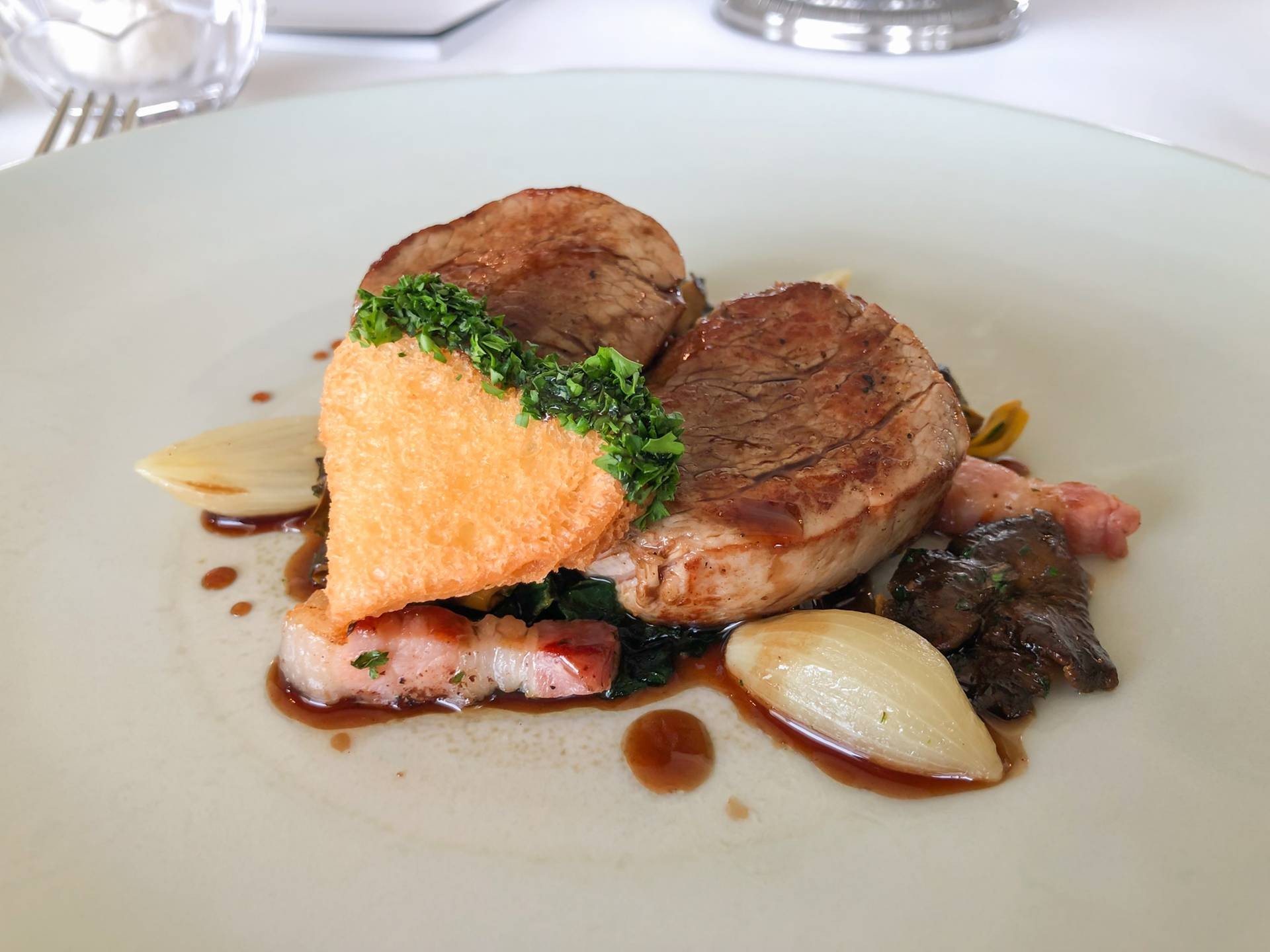 Medallions of Veal, Chanterelle Mushrooms, Lardons and Red Wine Jus