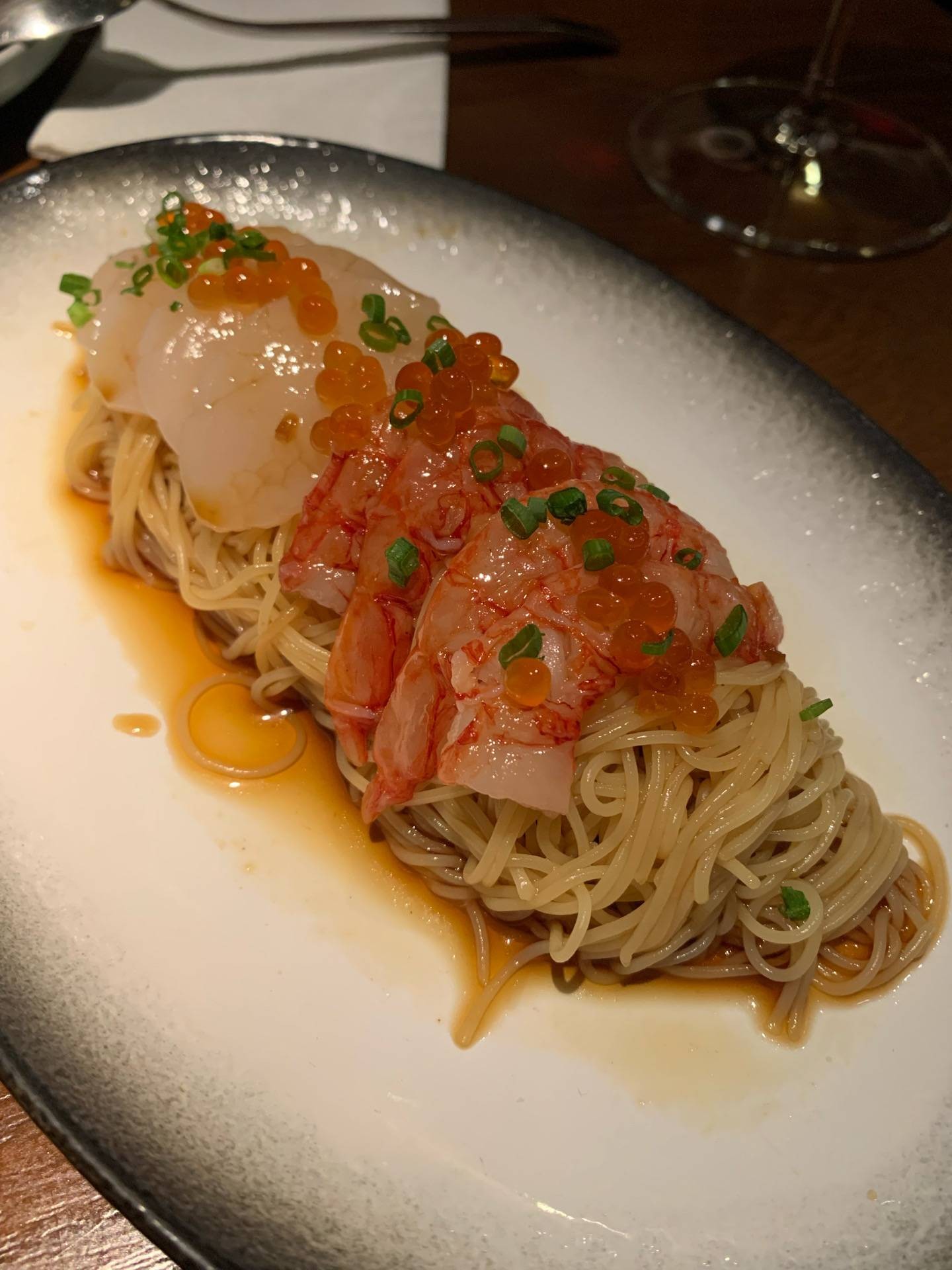 Cold Capellini with Hotate and Yuzu Truffle Ponzu ร้าน SWIRL Cellar and Wine Bar