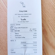 เมนู Cozy Cafe Phitsanulok
