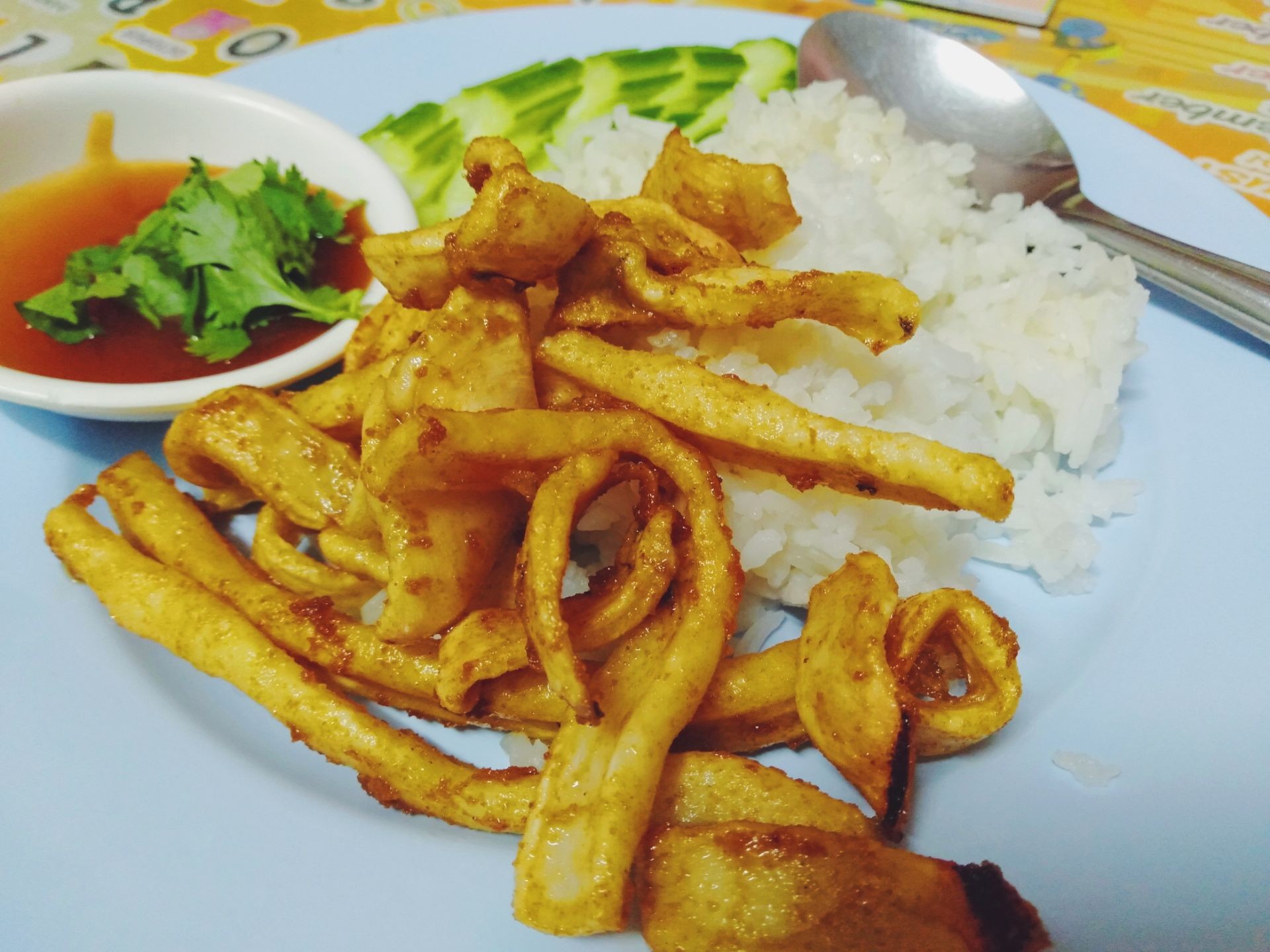 ข้าวปลาหมึกทอดแดดเดียว
