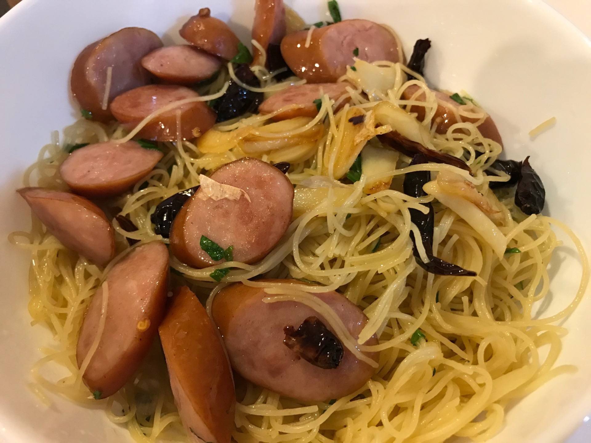 Angel Hair with dried chilies, garlic, and sausage