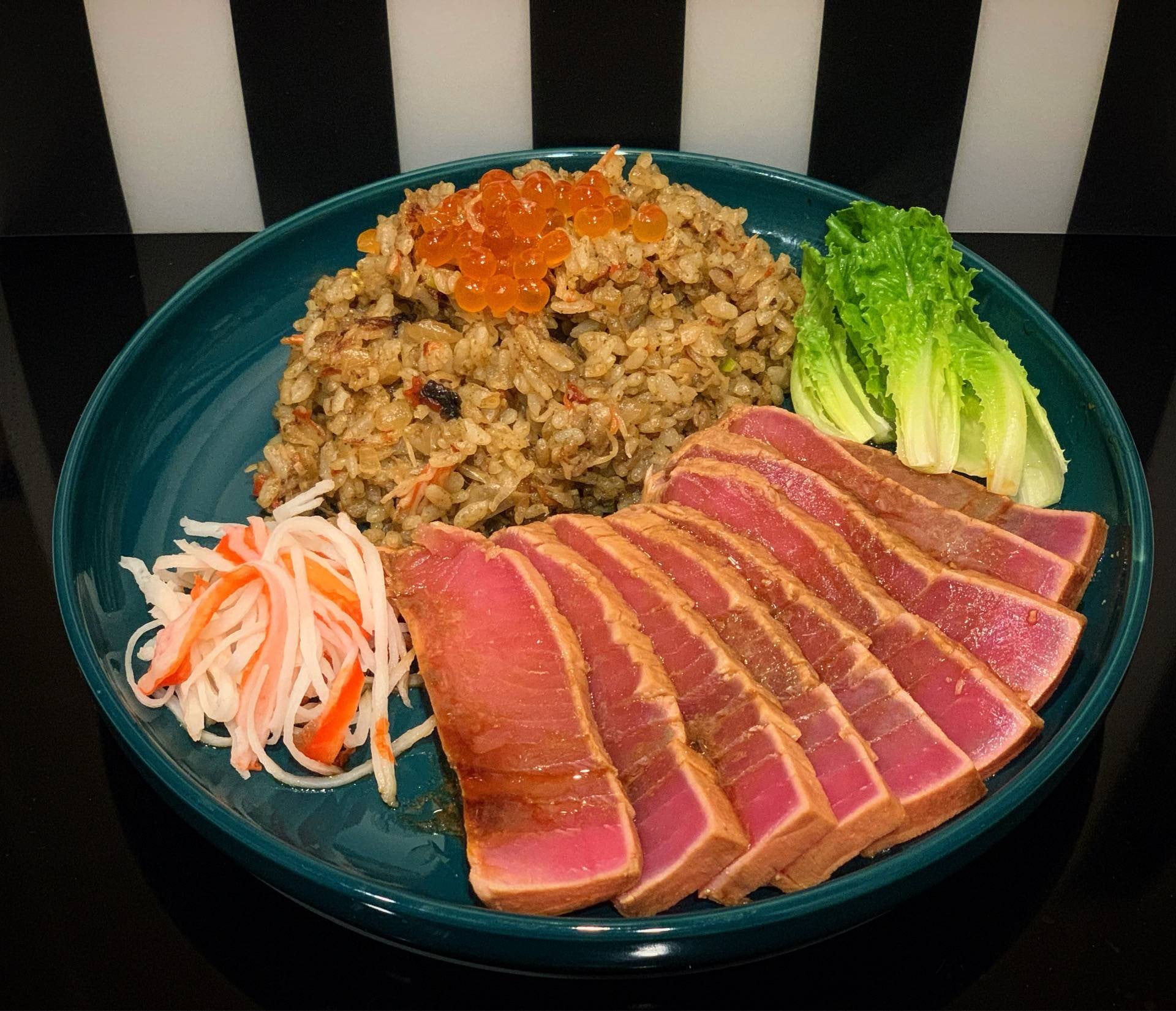 SEARED AHI TUNA WITH SOY GINGER SAUCE & KANI MISO FRIED RICE