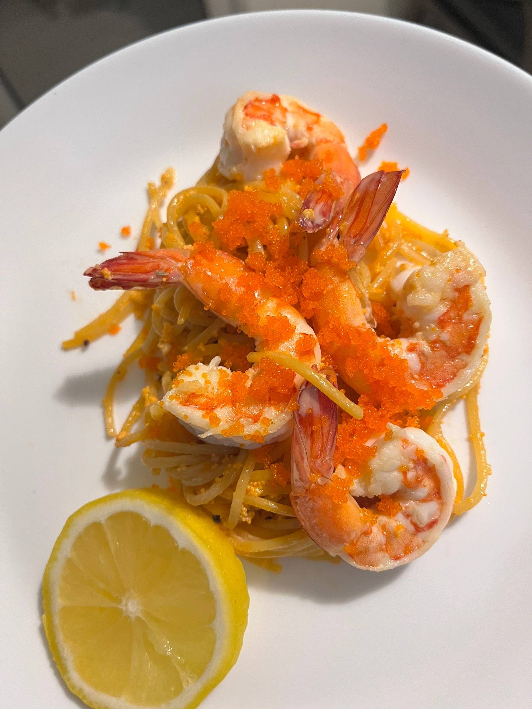 สปาเกตตี้กุ้ง ซอส สไปซี่ครีมไข่กุ้งเลม่อน
