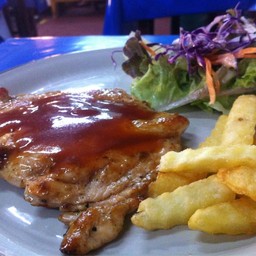 สเต็กไก่บาร์บีคิว 59บาท ไก่ชิ้นใหญ่ราดด้วยซอสบารบีคิวรสอ่อนๆ