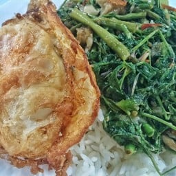 ผัดผักกระเฉดหมูกรอบราดข้าว ไข่ดาว